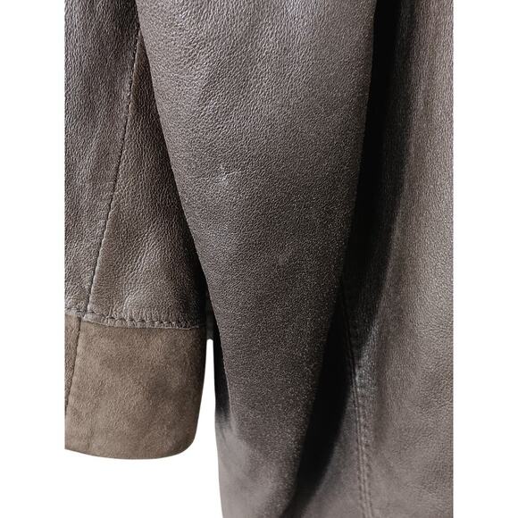 Tahari Woman 100% Leather Jacket Brown Suede Trim Open Front Pockets Boho Chic L - Picture 14 of 16